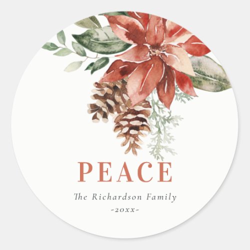 Peace Poinsettia Bunch Watercolor Pine Christmas Classic Round Sticker