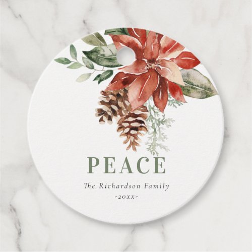 Peace Poinsettia Bunch Watercolor Pine Christmas Favor Tags