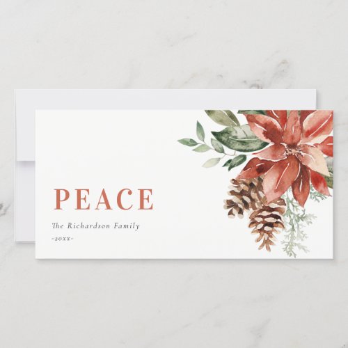 Peace Poinsettia Bunch Watercolor Pine Christmas  Holiday Card