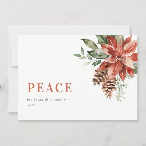 Peace Poinsettia Bunch Watercolor Pine Christmas Holiday Card