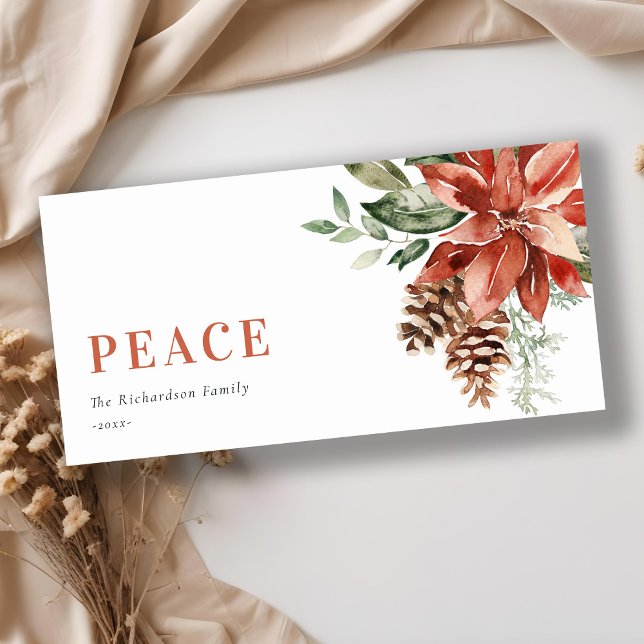 Peace Poinsettia Bunch Watercolor Pine Christmas  Holiday Card (Creator Uploaded)