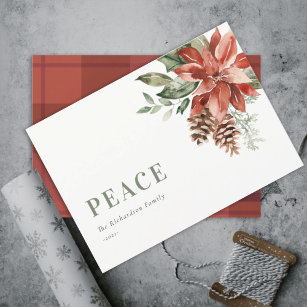 Peace Poinsettia Bunch Watercolor Pine Christmas Holiday Card