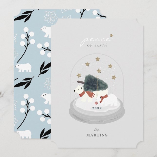 Peace Polar Bears Snow Globe Gray Holiday Card (Front/Back)