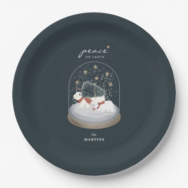Peace Polar Bears Snow Globe Navy Blue Holiday Paper Plates (Front)