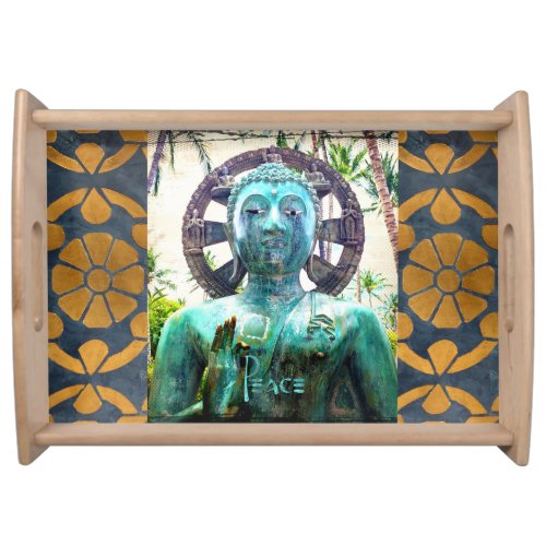 Peace Quote Turquoise Buddha Gold Mosaic Photo Serving Tray