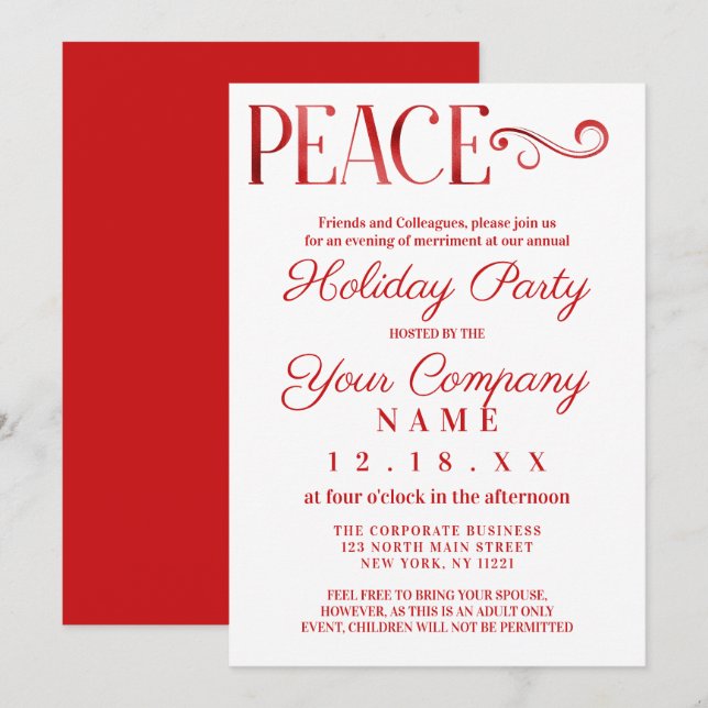 Peace Quote White Red Foil Corporate Holiday Invitation (Front/Back)