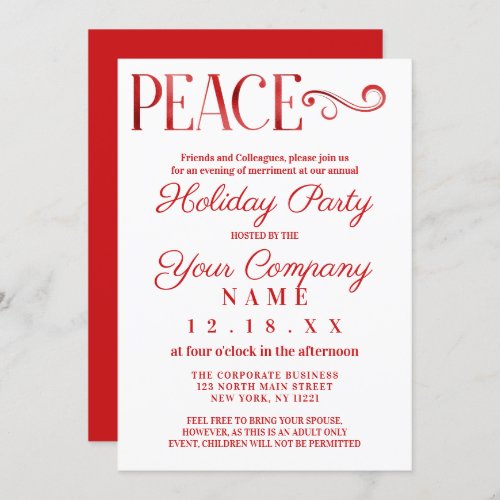 Peace Quote White Red Foil Corporate Holiday Invitation