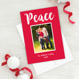 Peace Red Minimal Christmas Photo Greeting Holiday Card