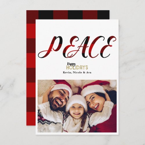 PEACE Red Plaid Christmas Holiday Photo Card