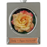 Peace Rose Beautiful Pink and Yellow Floral Silver Plated Banner Ornament
