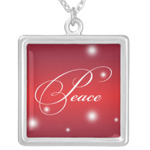 PEACE sentiment elegant script red glow keepsake Silver Plated Necklace