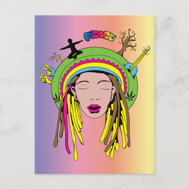 Peace Sign ~ 60s Hippie Girl Tie Dye Postcard (Front)
