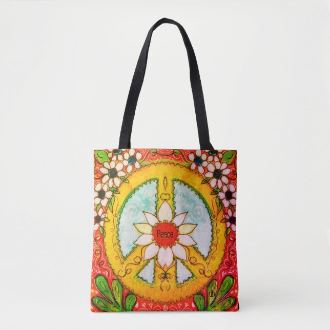 Peace Sign and Daisy Hippie Bohemian Love Tote Bag (Front)