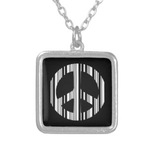 PEACE SIGN BAR CODE Hippie Barcode Pattern Design Silver Plated Necklace