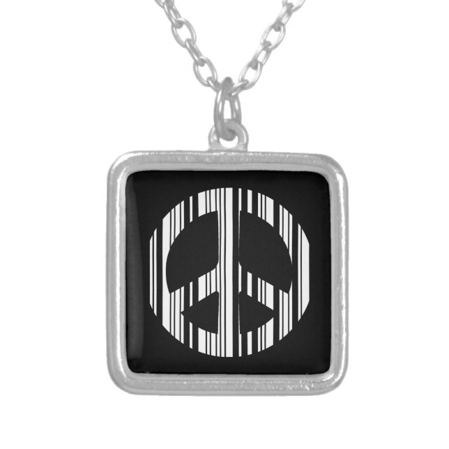 PEACE SIGN BAR CODE Hippie Barcode Pattern Design Silver Plated Necklace (Front)