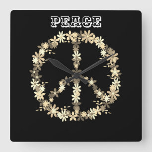 Peace sign ,black white monochromPersonalized text Square Wall Clock