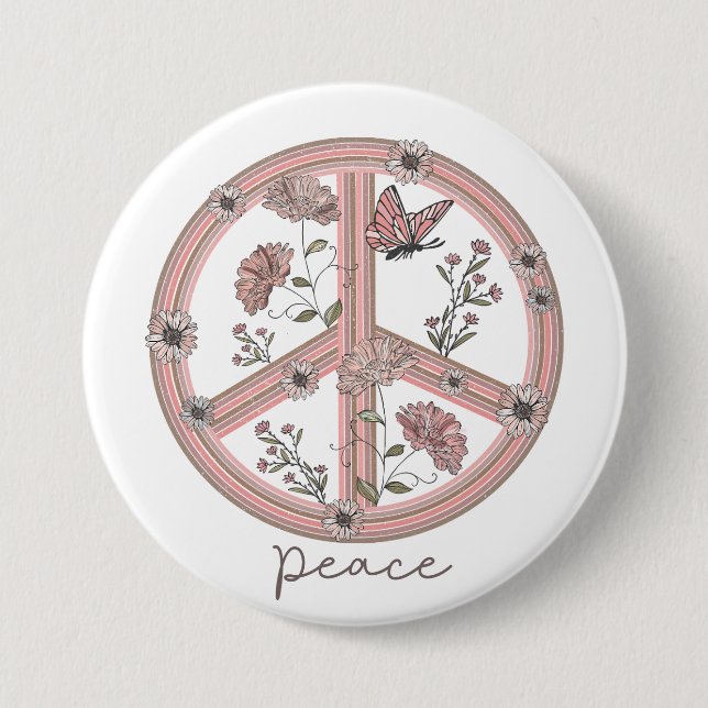 Peace Sign Boho Floral Butterfly Girly Retro Daisy Button (Front)