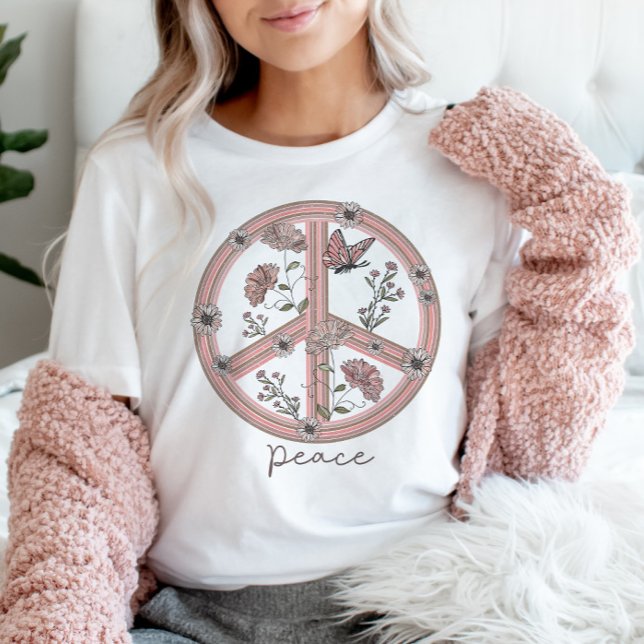 Peace Sign Boho Floral Butterfly Girly Retro T-Shirt (Creator Uploaded)