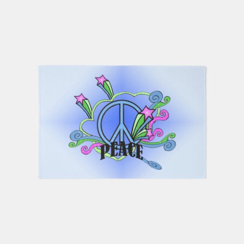 Peace Sign Bright Colors Stars Scrolls Blue Rug