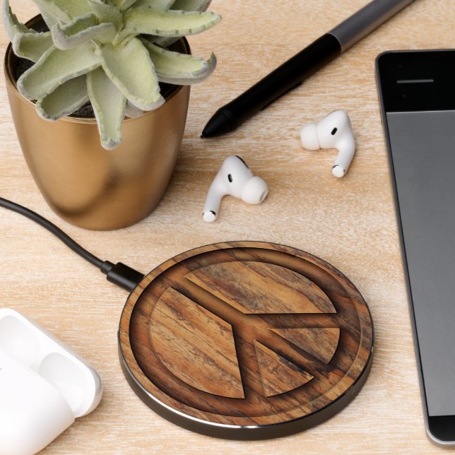 Peace Sign Carved in Wood Beautiful  Wireless Charger (Desk 2)