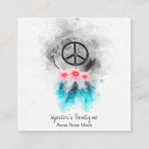 *~* Peace Sign Feathers Flowers GrungeTribal Boho Square Business Card