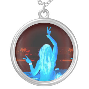 peace sign flashing blue hippie girl silver plated necklace
