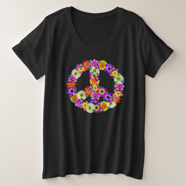 Peace Sign Floral Cutout on Black Plus Size T-Shirt (Design Front)