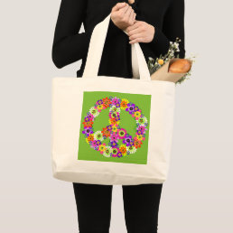 Peace Sign Floral Cutout on Lime Green Large Tote Bag
