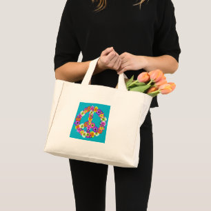 Peace Sign Floral Cutout on Turquoise Mini Tote Bag