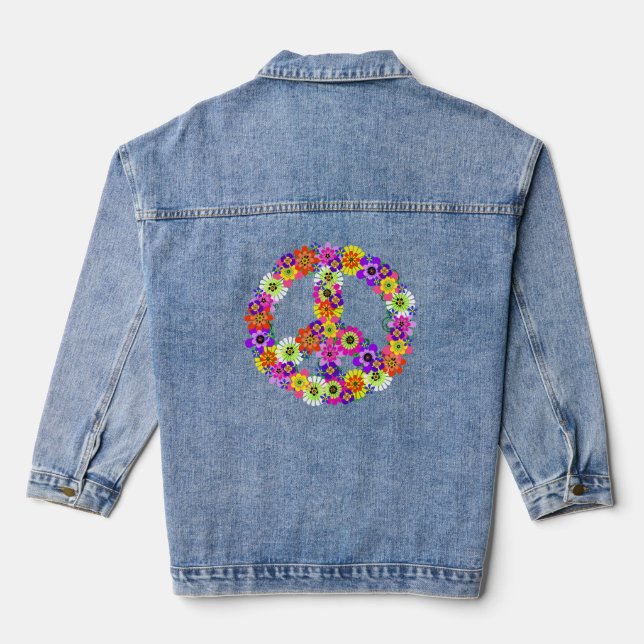 Peace Sign Floral  Denim Jacket (Back)