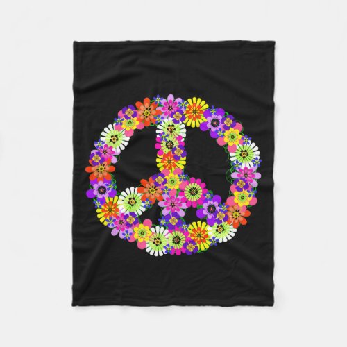 Peace Sign Floral in Black Fleece Blanket