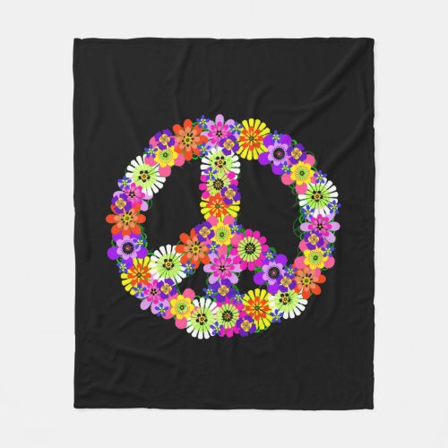 Peace Sign Floral in Black Fleece Blanket
