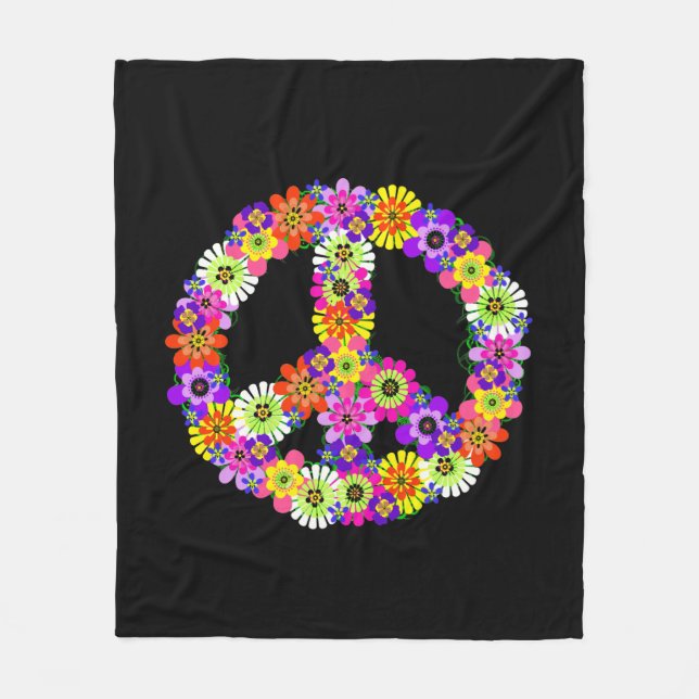 Peace Sign Floral in Black Fleece Blanket (Front)