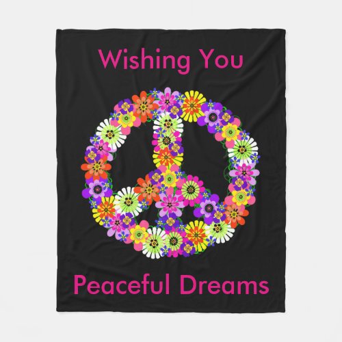 Peace Sign Floral in Black Peaceful Dreams Fleece Blanket