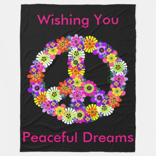 Peace Sign Floral in Black Peaceful Dreams Fleece Blanket