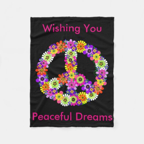 Peace Sign Floral in Black Peaceful Dreams Fleece Blanket