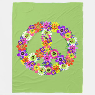 Peace Sign Floral in Green Fleece Blanket