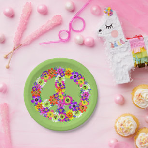 Peace Sign Floral in Green Paper Plates