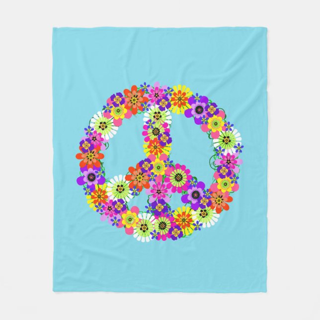 Peace Sign Floral in Light Blue Fleece Blanket (Front)