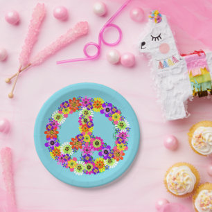 Peace Sign Floral in Light Blue Paper Plates