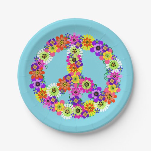 Peace Sign Floral in Light Blue Paper Plates