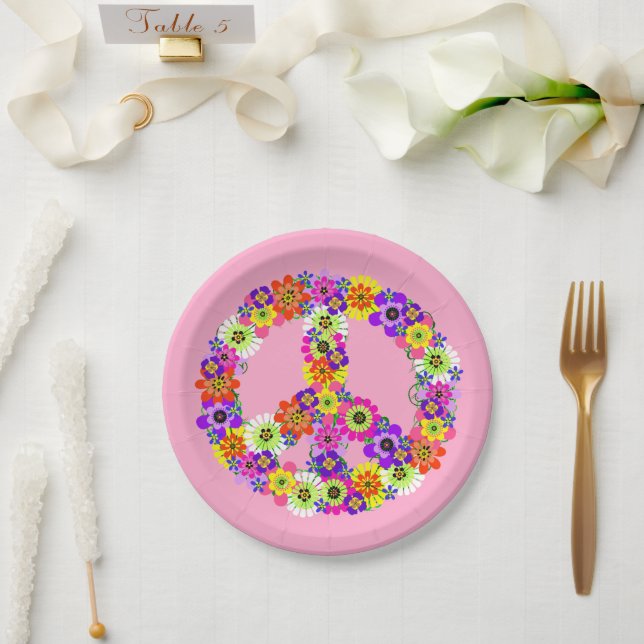 Peace Sign Floral in Light Pink Paper Plates (Wedding)