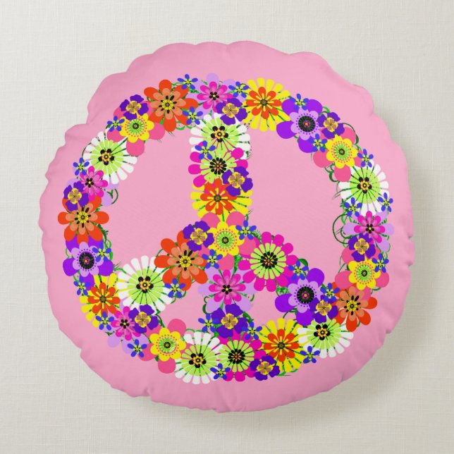 Peace Sign Floral in Light Pink Round Pillow (Front)