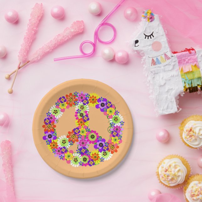 Peace Sign Floral in Peach Paper Plates (Party)