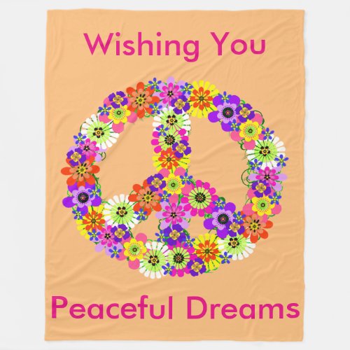 Peace Sign Floral in Peach Peaceful Dreams Fleece Blanket
