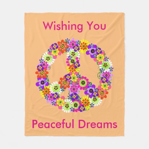 Peace Sign Floral in Peach Peaceful Dreams Fleece Blanket
