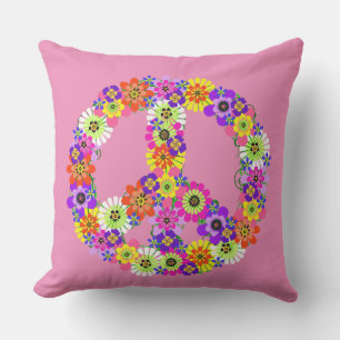 Peace Sign Floral in Pink Throw Pillow