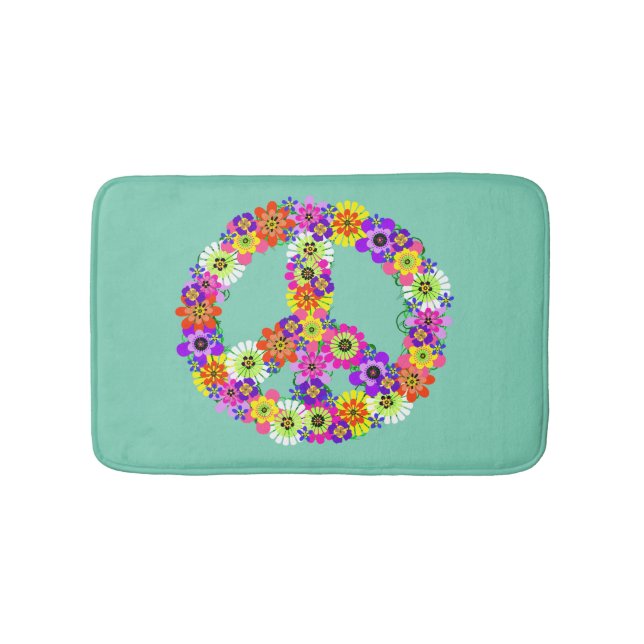 Peace Sign Floral on Aqua Bathroom Mat (Front)