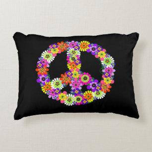 Peace Sign Floral on Black Accent Pillow