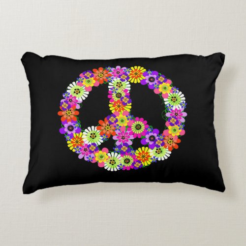 Peace Sign Floral on Black Accent Pillow